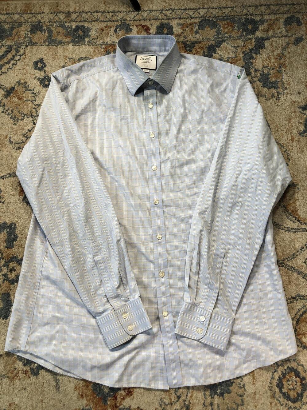 Charles Tyrwhitt Dress Shirt Mens 17.5 38/39 Blue Check Slim Fit Non Iron Cotton